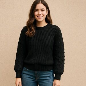 CeCe Woman’s Black Textured Crewneck Sweater